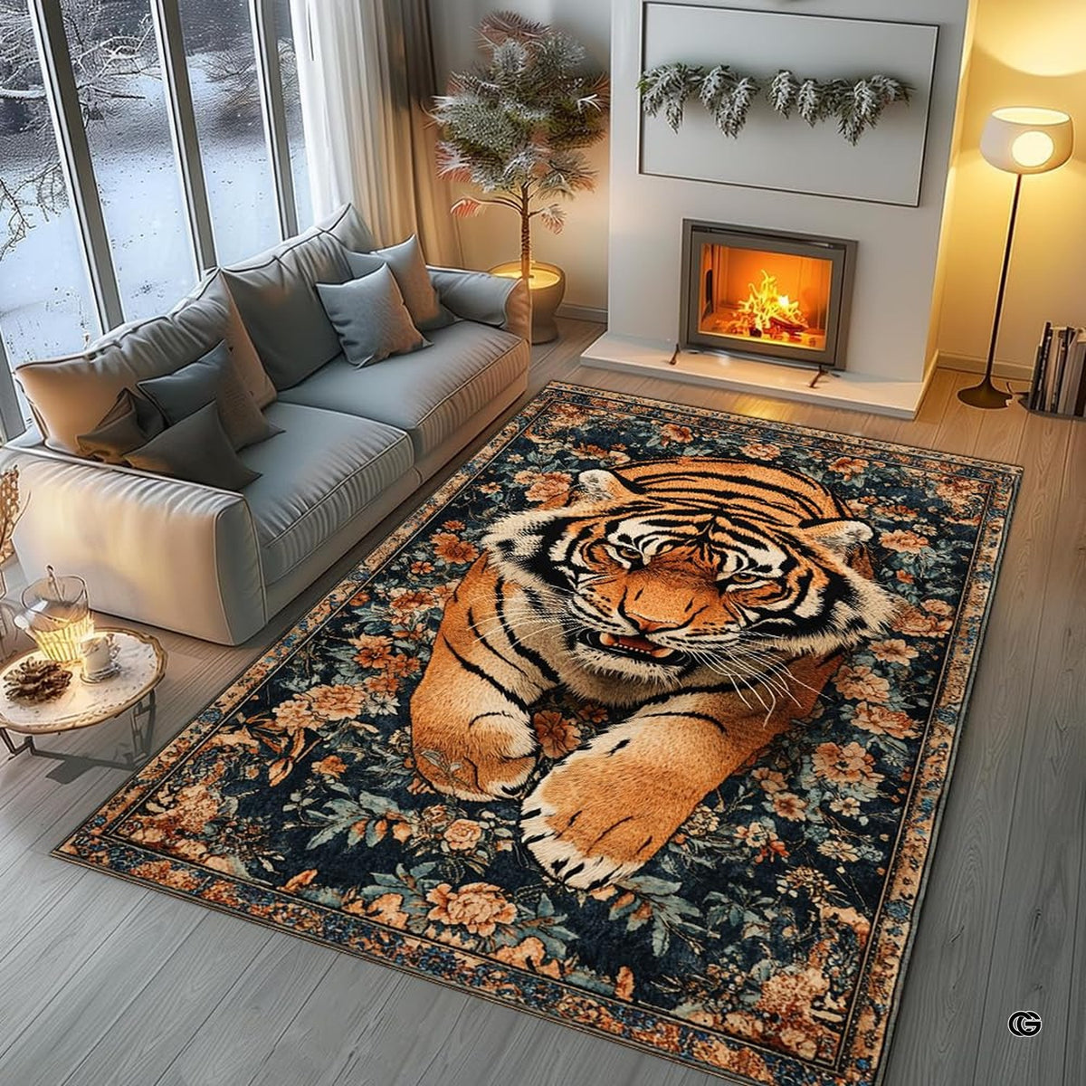 Living room arrangement showing the antique floral tiger rug on wooden floor