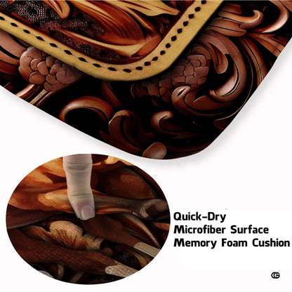 Ranch style room scene displaying tooled leather styles horse rug beneath wood furniture. - thumbnail image 3 of 7