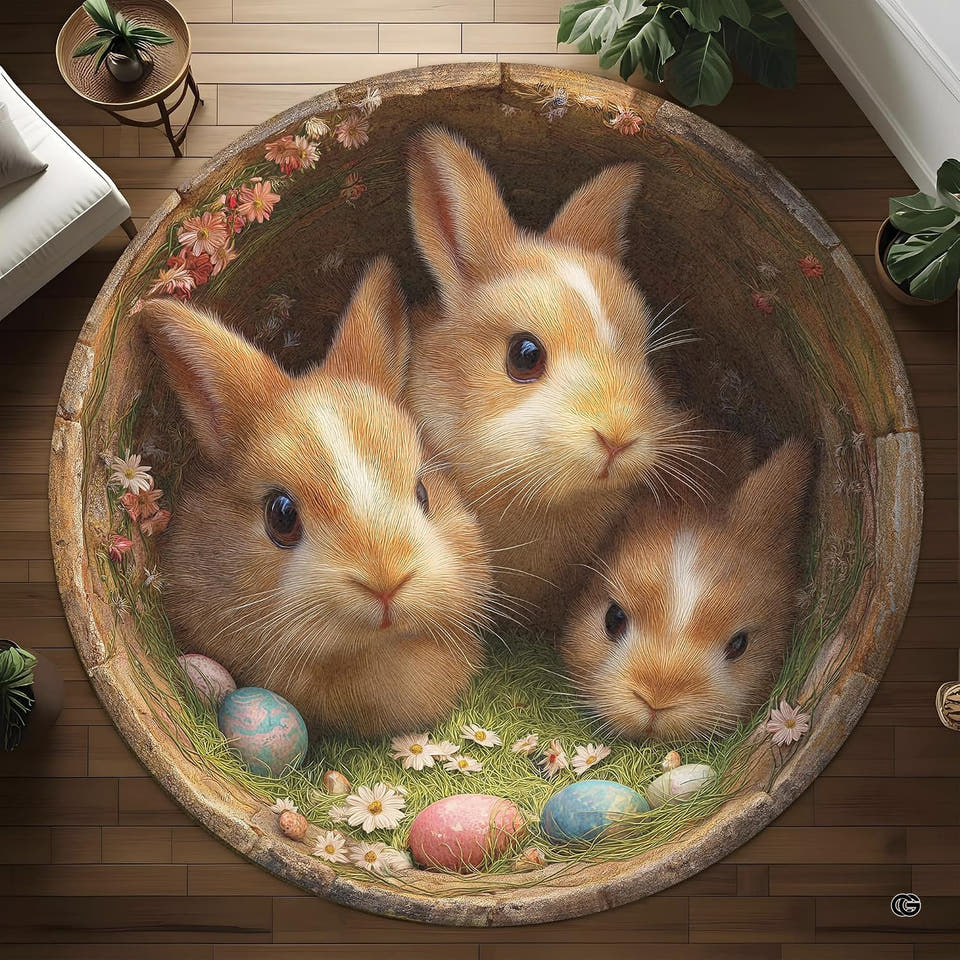 Round area rug displaying three bunnies and colorful eggs inside a hollow on wood floor