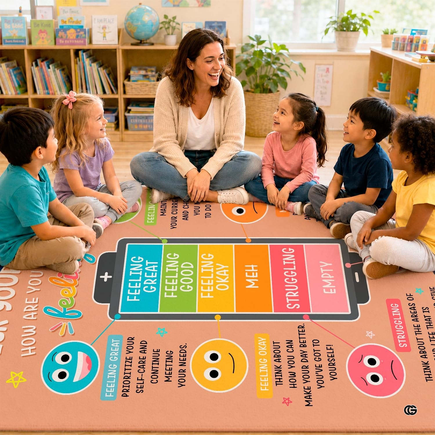 Personalized Calming Corner Rug for Classroom, Custom Teacher Name Reading Corner Rug, Emotions Feelings Carpet, Soft Fluffy Calm Corner Decor for School Reading Nook (Battery Theme)