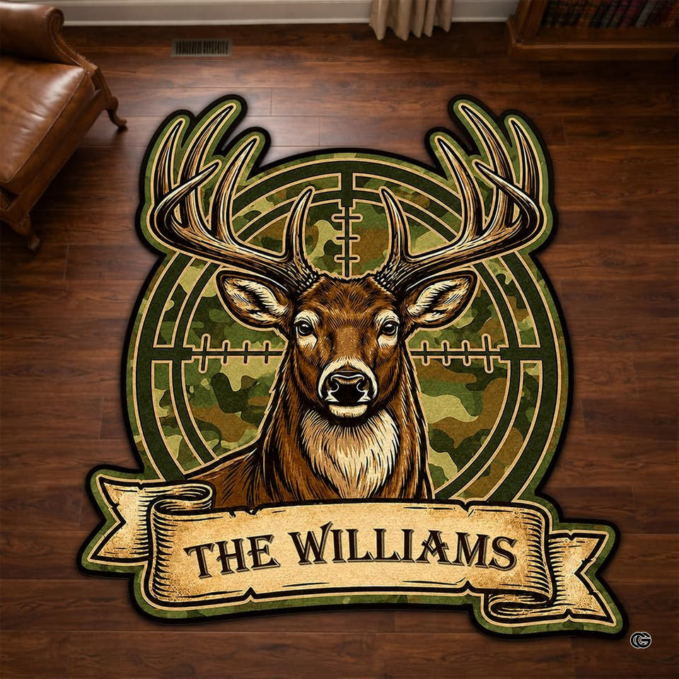 Buck deer full area rug displaying detailed antlers over a camouflage backdrop in a living room.