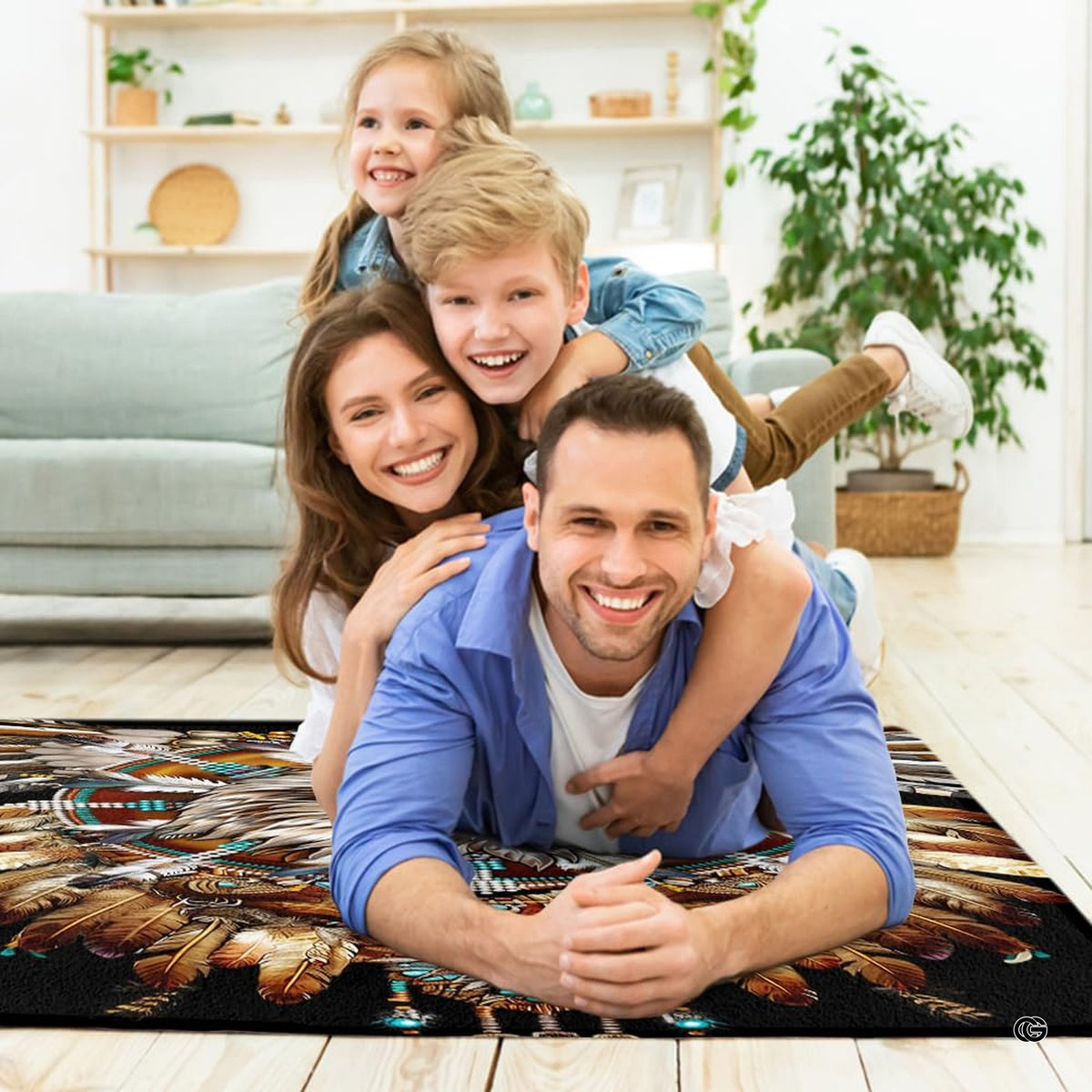 Rustic room styling showcasing the Native American eagle symbol rug beneath contemporary seating furniture.