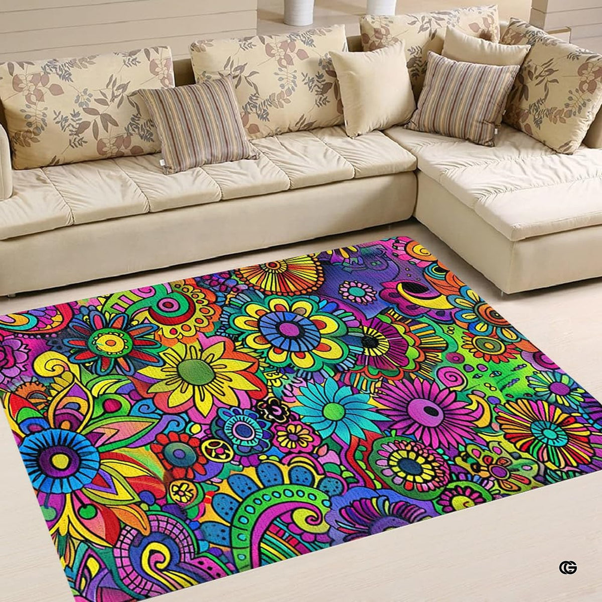 Detailed close-up of intricate blooming flower illustrations and bold black outlines on area rug.