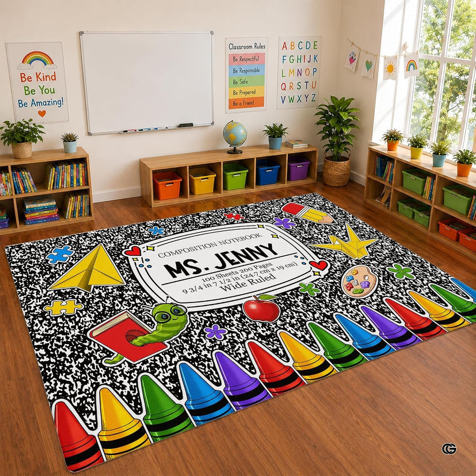 Full overhead view of a colorful Classroom Area Rug featuring thematic accent marble accents and pencils.