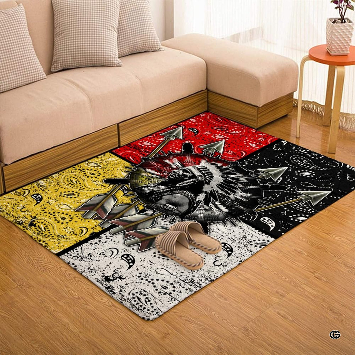Overhead layout view of the rectangular native warrior chief medicine wheel boho area rug