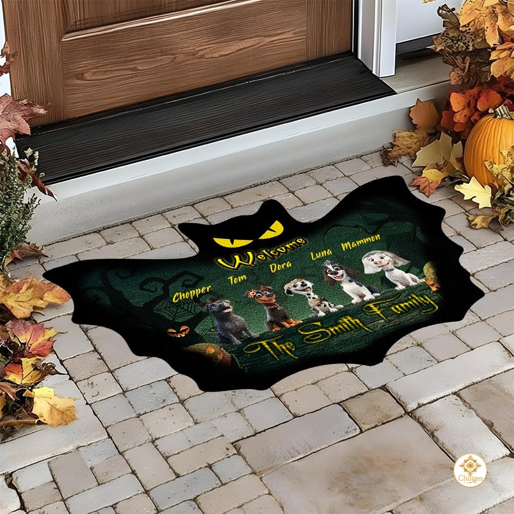 Custom Halloween Dog Doormat with Pets and Pumpkin Design
