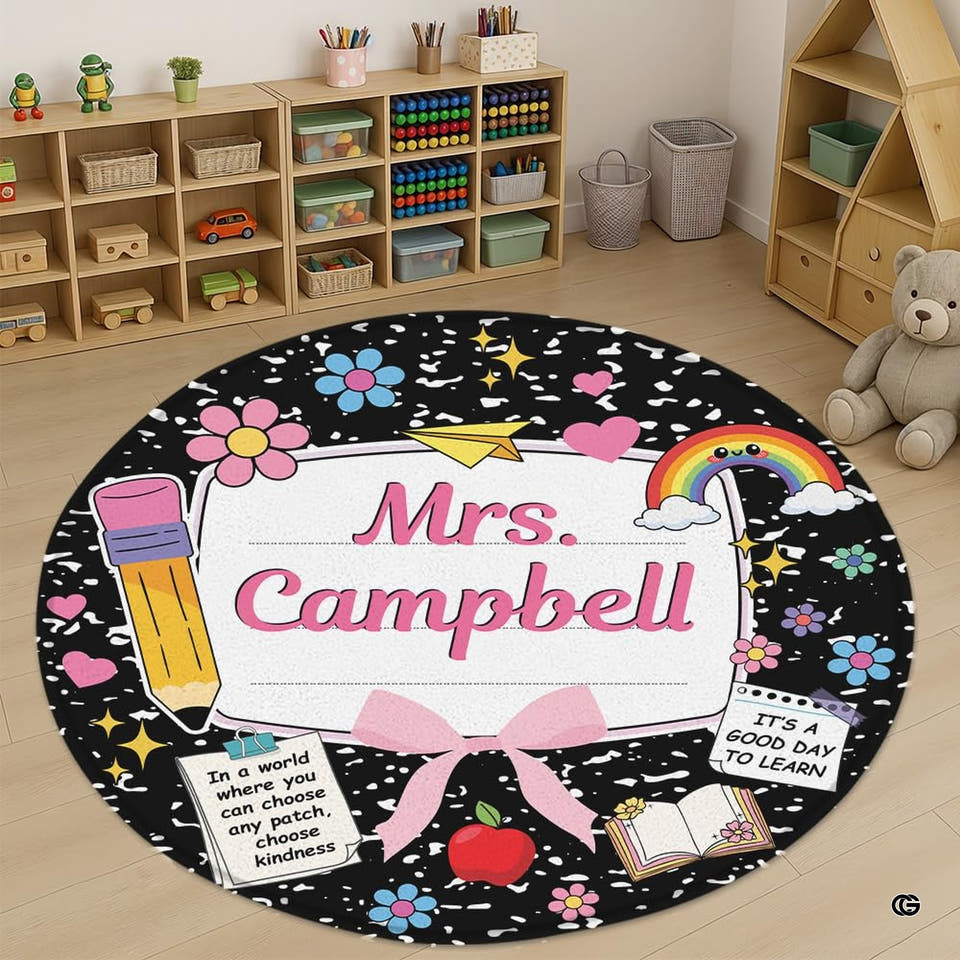 Classroom floor covering with notebook marble pattern, pastel flowers, pencil art, and ribbon accents.