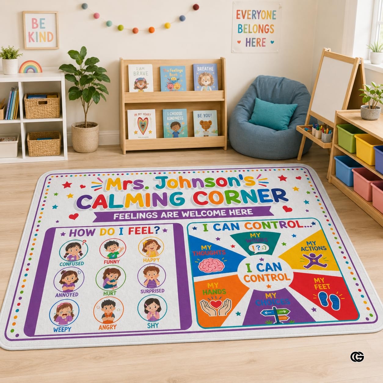 Personalized Calming Corner Rug for Classroom, Custom Teacher Name Reading Corner Rug, Emotions Feelings Carpet, Soft Fluffy Calm Corner Decor for School Reading Nook (Calming Corner Feeling)