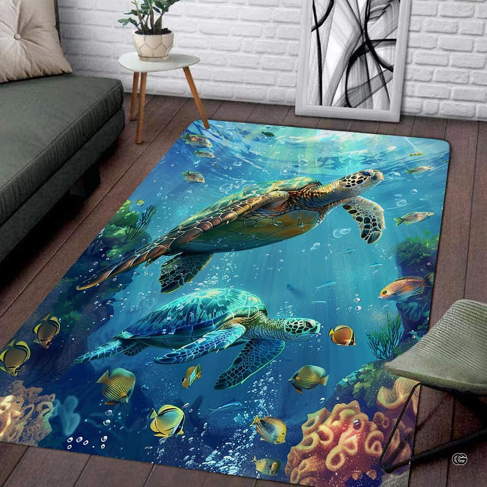 Coral Reef Sea Turtle Duo Ocean Area Rug