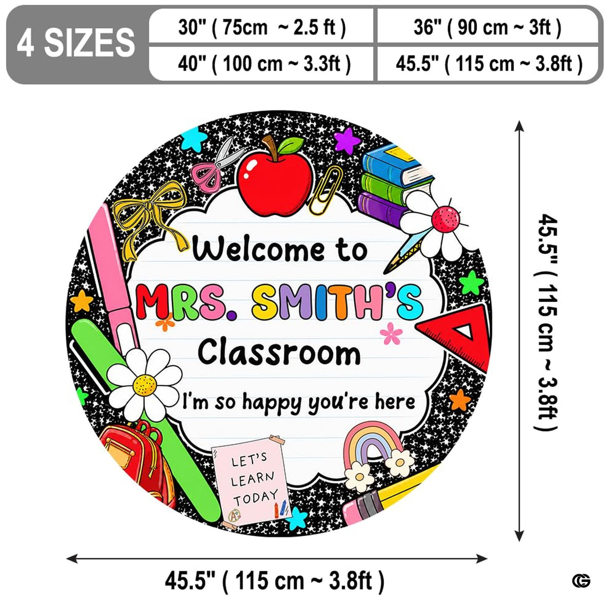 Top view of chalkboard style area rug displaying vibrant textbooks, rulers, scissors, and daisy accents.
