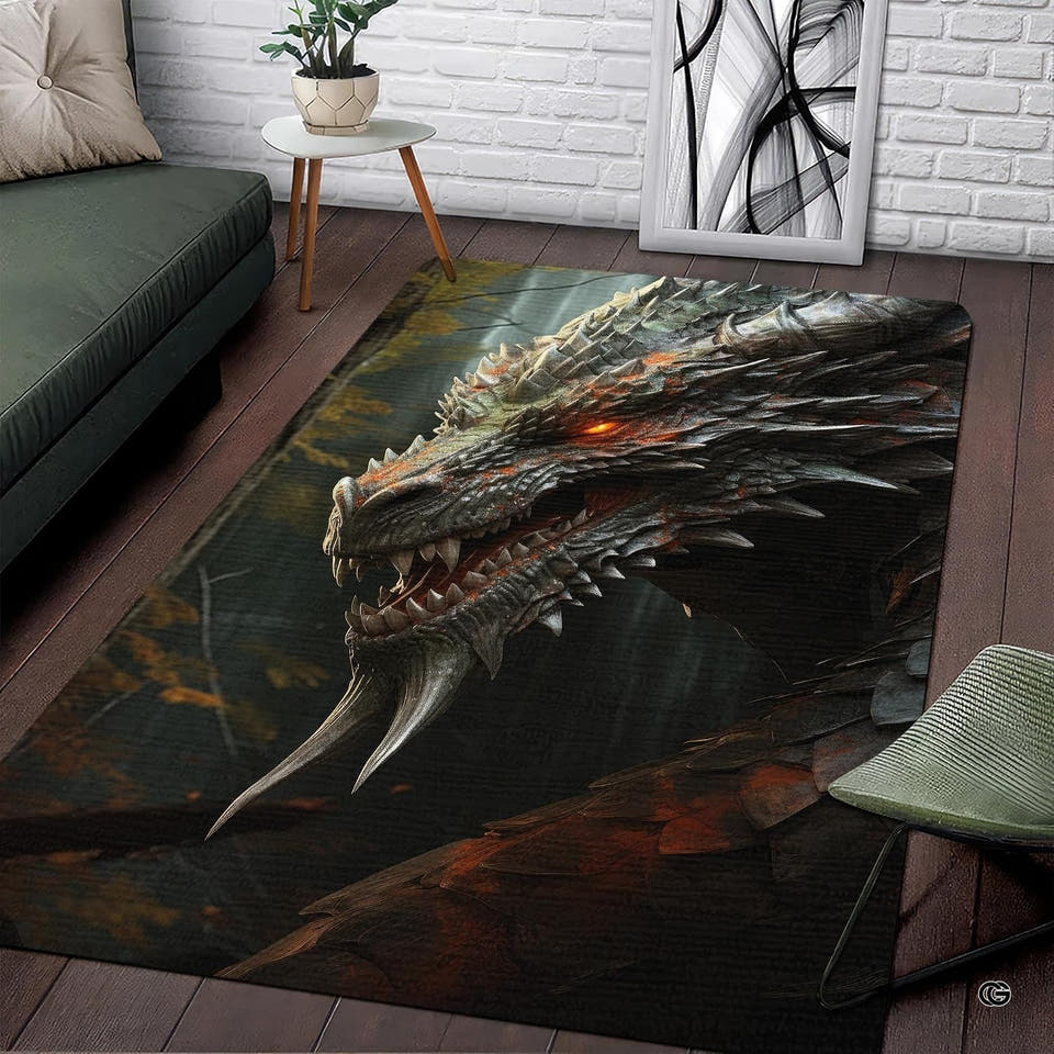 Gothic floor rug showing full dark dragon illustration with horned crest and glowing amber eyes.