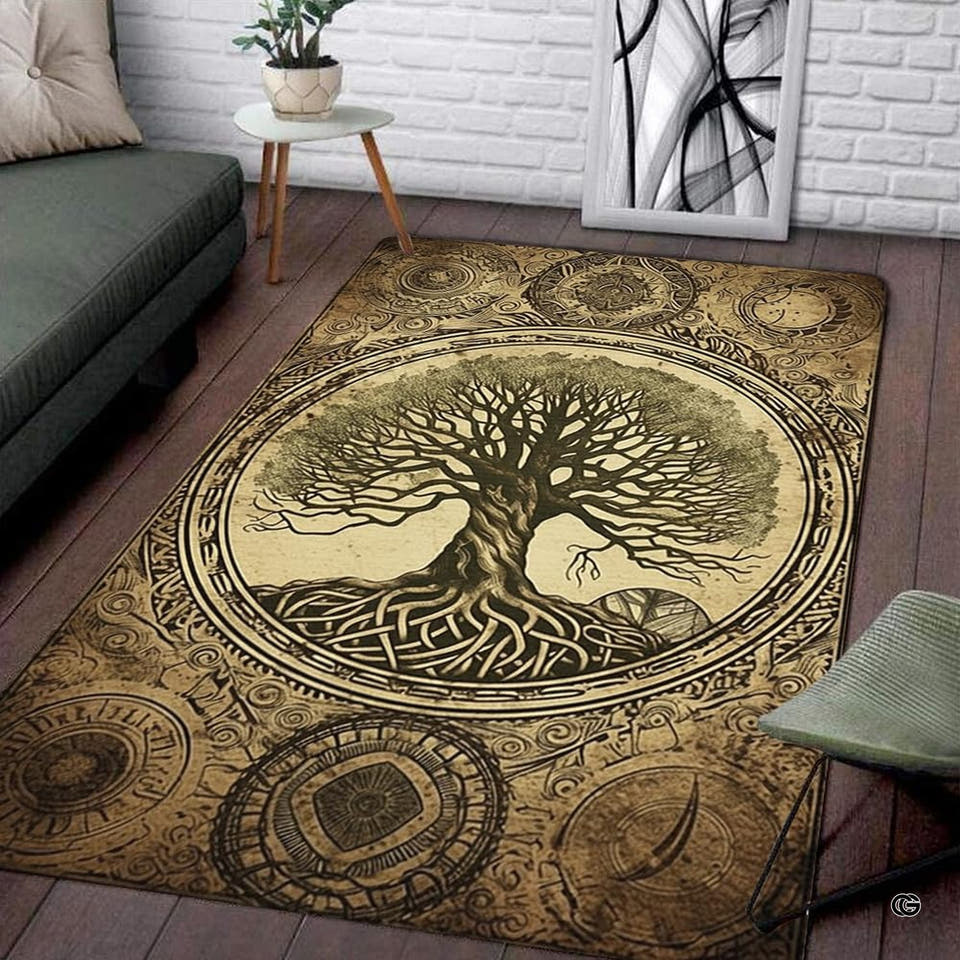 Tree of life rug pattern area rug displaying Yggdrasil roots and Celtic knot medallion in sepia tones.