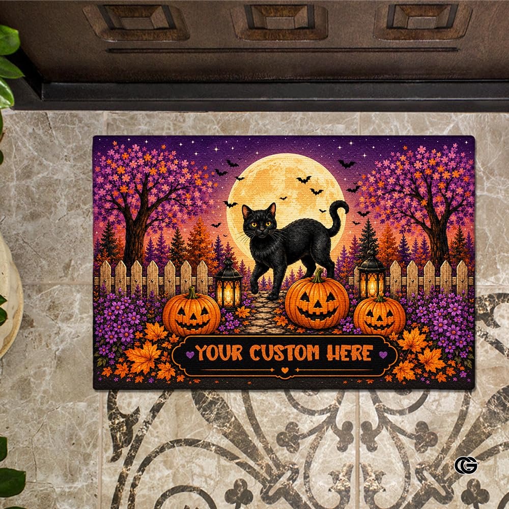 Halloween Door Mat Outdoor, Custom Spooky Welcome Mat with Black Cat and Pumpkin, Fall Front Door Mat for Porch Entryway Decor #4