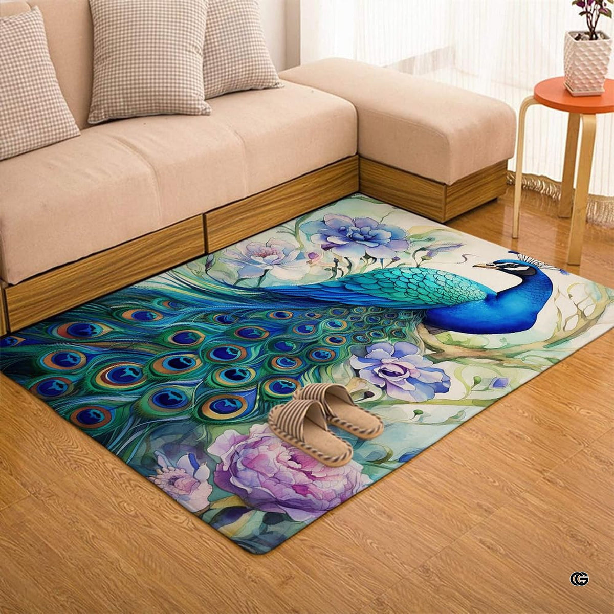 Overhead layout view of the rectangular perched peacock wildlife area rug