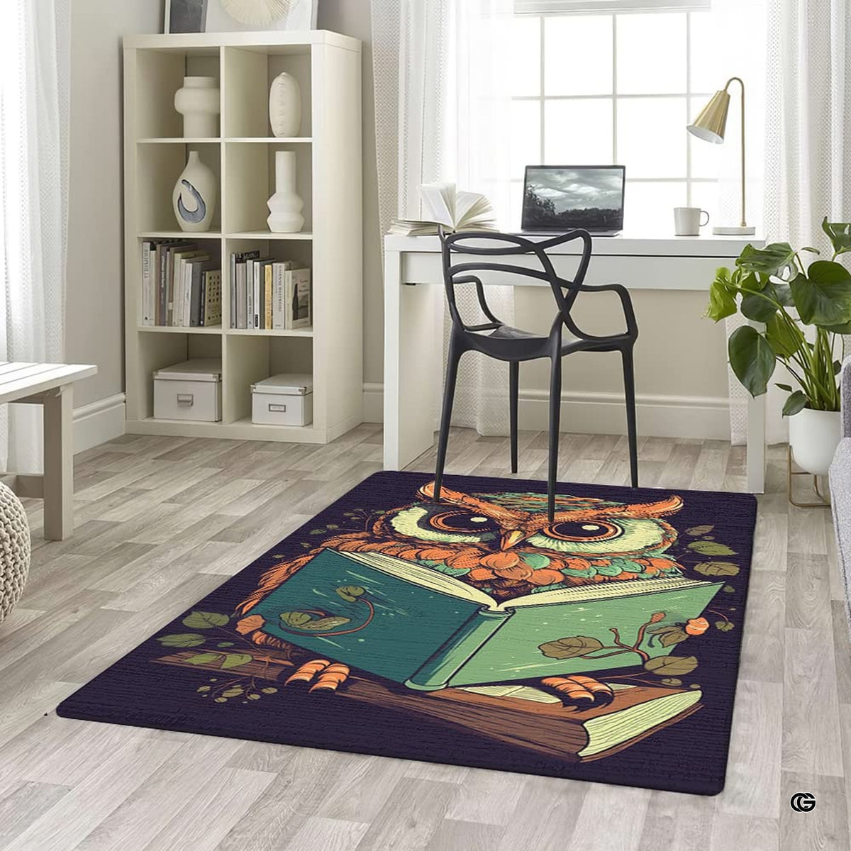 Wise owl reading book area rug styled in modern cozy reading nook setting