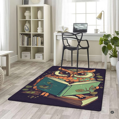 Wise owl reading book area rug styled in modern cozy reading nook setting - thumbnail image 5 of 8