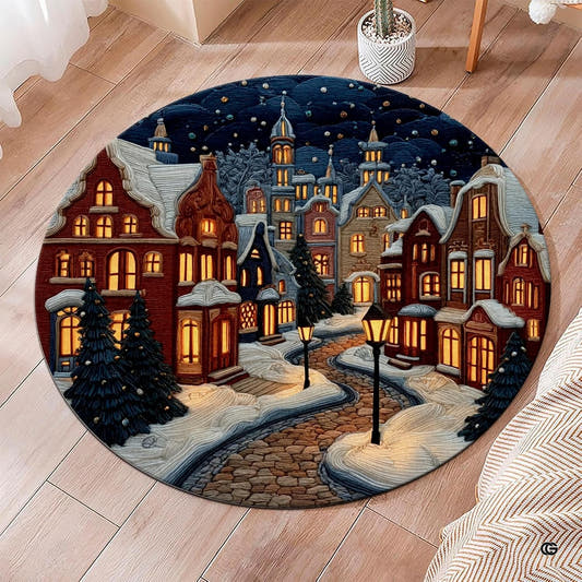 Winter village cobblestone street night circular area rug in top overhead view