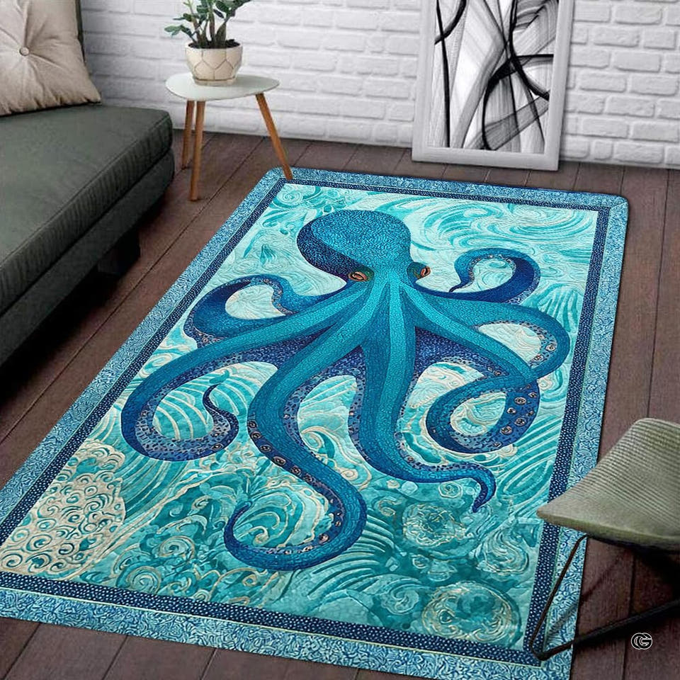 Ocean octopus coastal area rug displayed flat showing detailed blue nautical tentacles and swirling waves.