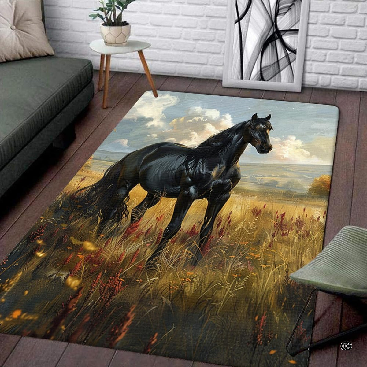 Galloping black stallion autumn meadow illustration rectangular area rug.