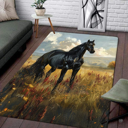 Galloping black stallion autumn meadow illustration rectangular area rug. - thumbnail image 1 of 5