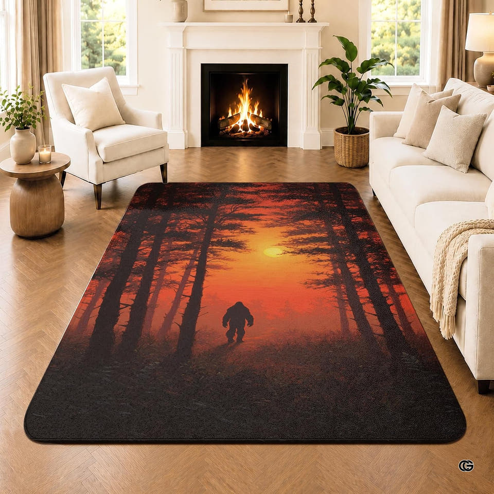 Personalized Bigfoot Area Rug Sasquatch Rug Unique Outdoor Adventure for Home Décor Living Room Bedroom (Bigfoot Sunset)
