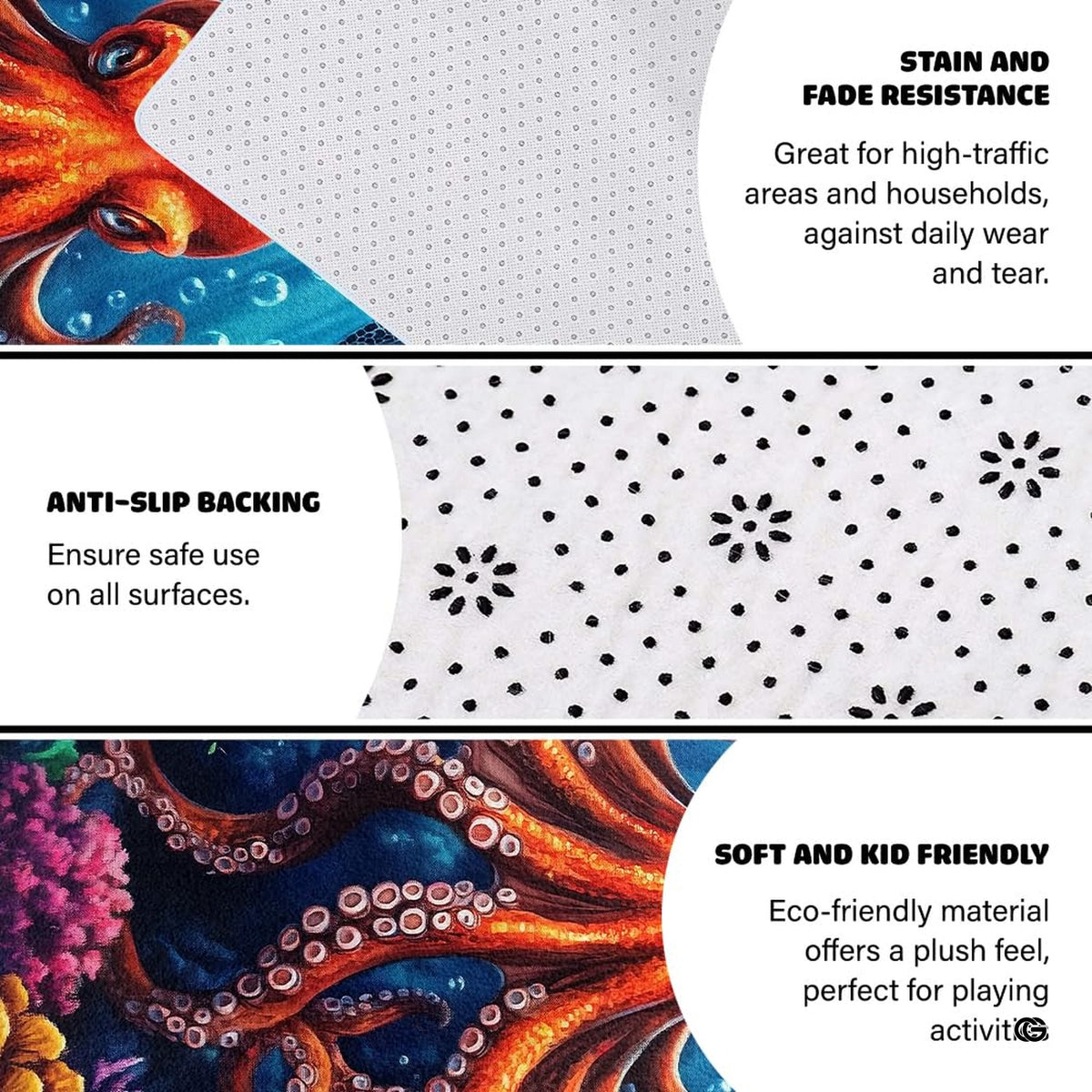 Non-skid dotted backing and resilient pile construction of the octopus area rug.
