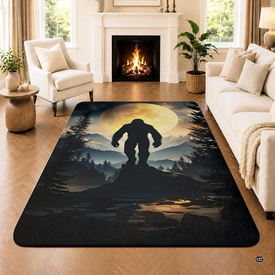 Personalized Bigfoot Area Rug Sasquatch Rug Unique Outdoor Adventure for Home Décor Living Room Bedroom (Bigfoot & Moon)