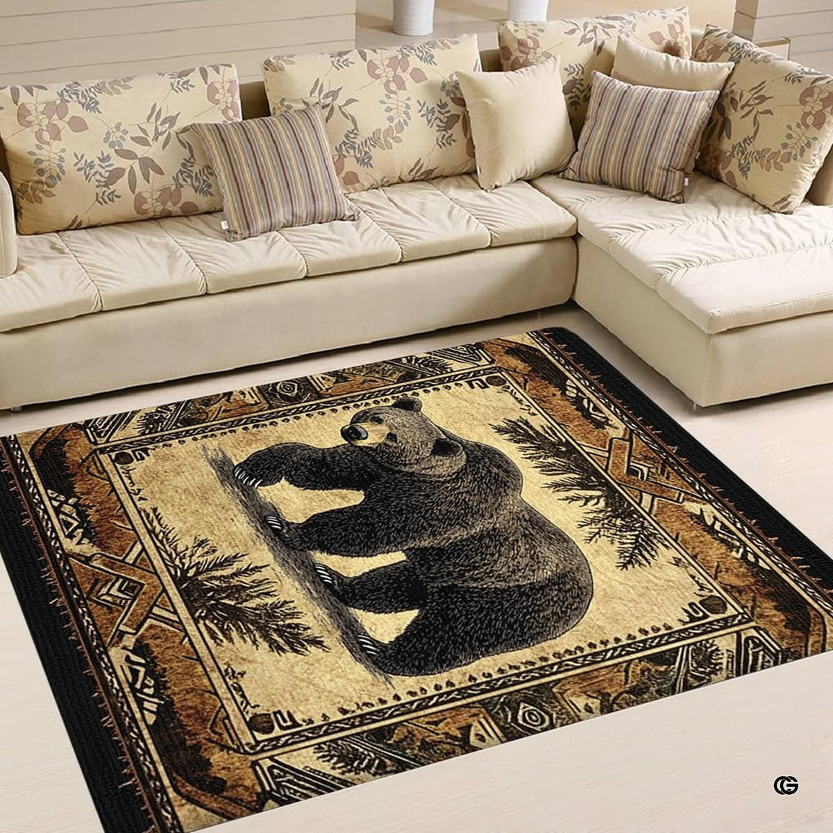 Rustic area rugs for bedroom decor showcasing brown bear art surrounded by evergreen pine foliage.