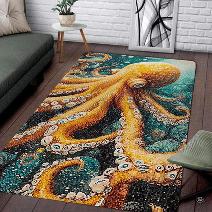 Mosaic tile golden octopus living room area rug with turquoise tessellation pattern - thumbnail image 1 of 7