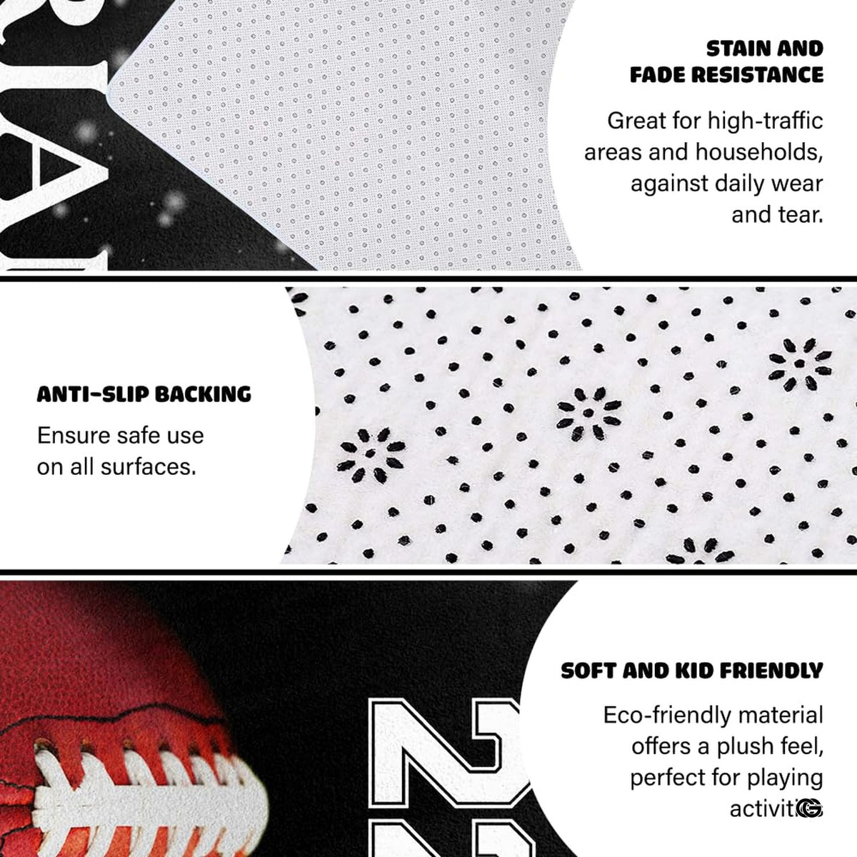Athletic varsity typography and bold team jersey numbers displayed on a football-inspired decorative floor piece.