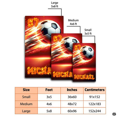Dimensions and sizing chart for flaming soccer ball living room area rug - thumbnail image 2 of 8