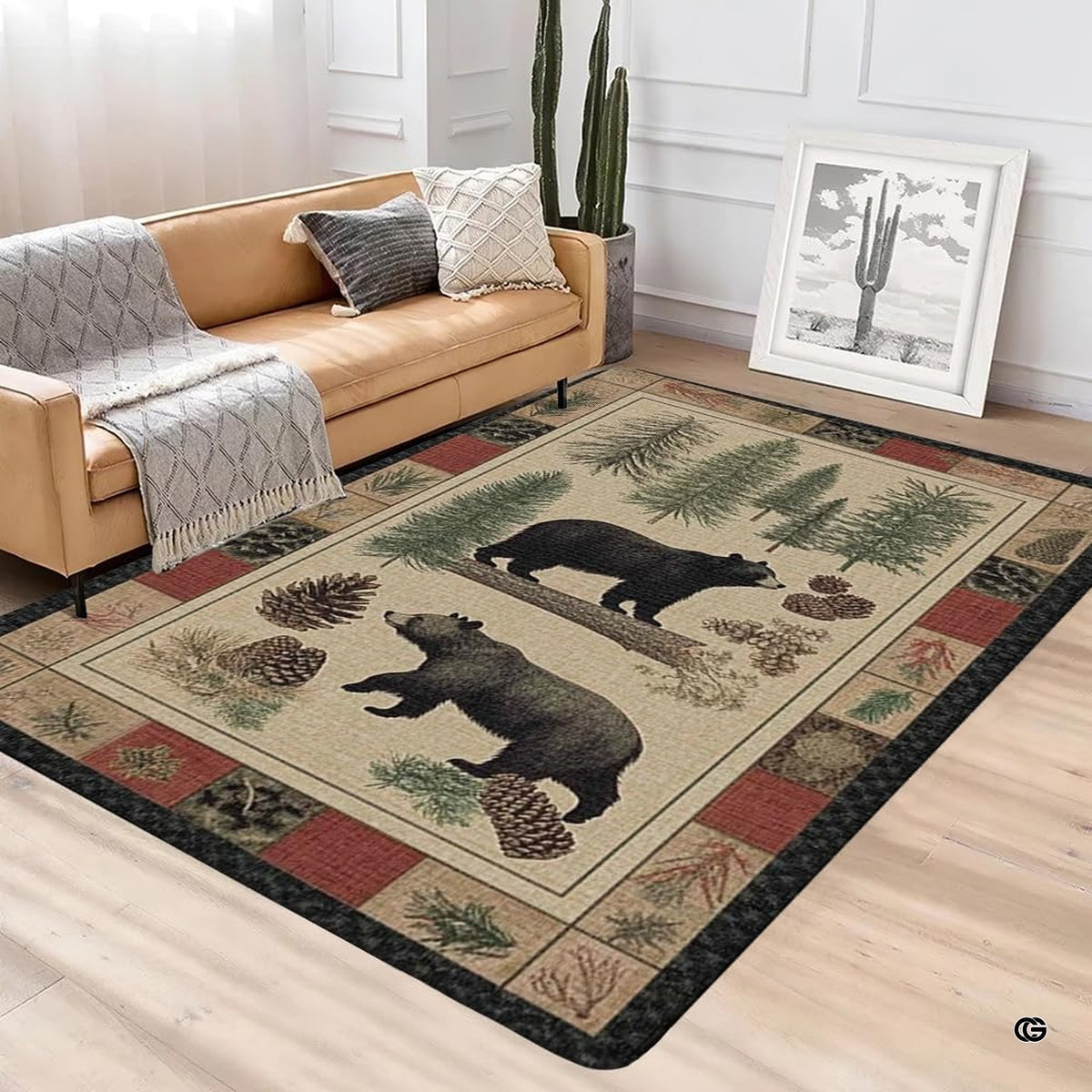 Woodland bear motif rug styled on natural hardwood flooring beside rustic cabin lodge furniture.