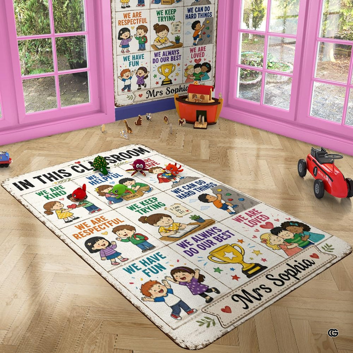 Classroom rules area rug styled on hardwood flooring in school room. - image 4 of 7