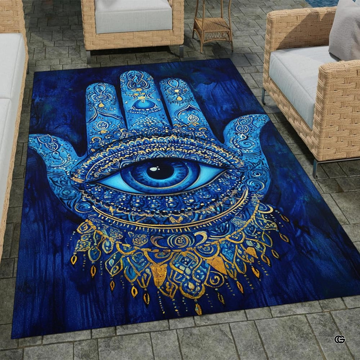 Detailed shot of the sacred eye symbol and fine filigree embellishments on blue ground. - image 7 of 8