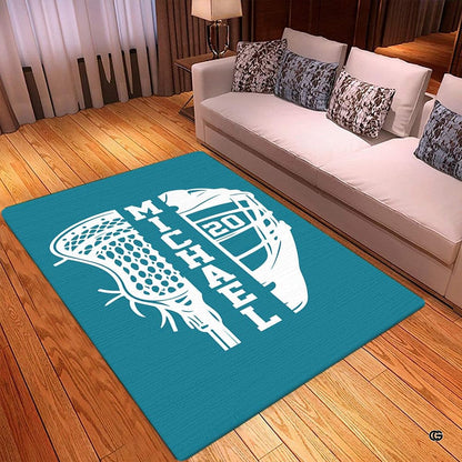 Lacrosse athletic motif floor accent arranged near bedroom furniture to emphasize sporty room design. - thumbnail image 7 of 9
