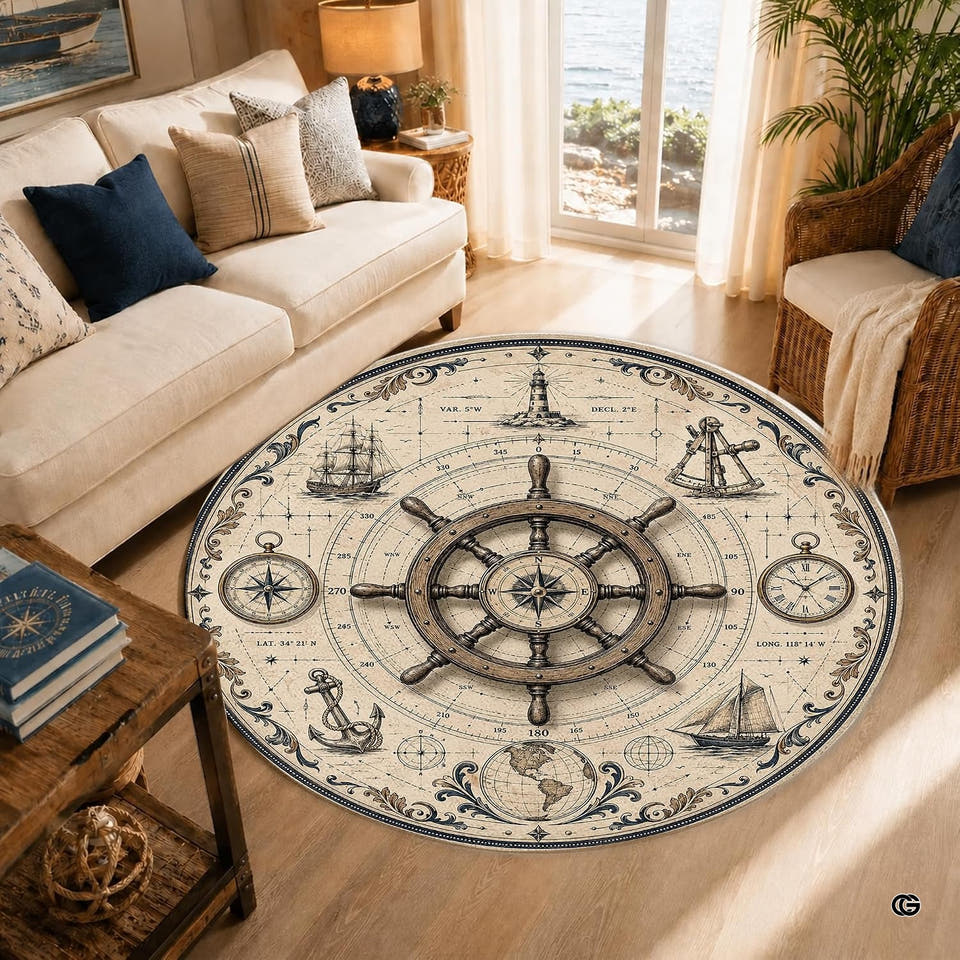 Vintage compass rug featuring maritime chart motifs and ship wheel artwork.