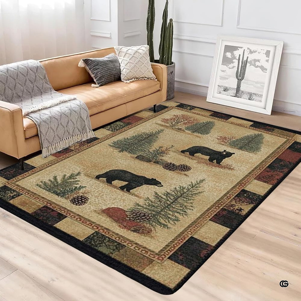 Cabin den layout displaying the rustic bear and pinecone rug centered on flooring