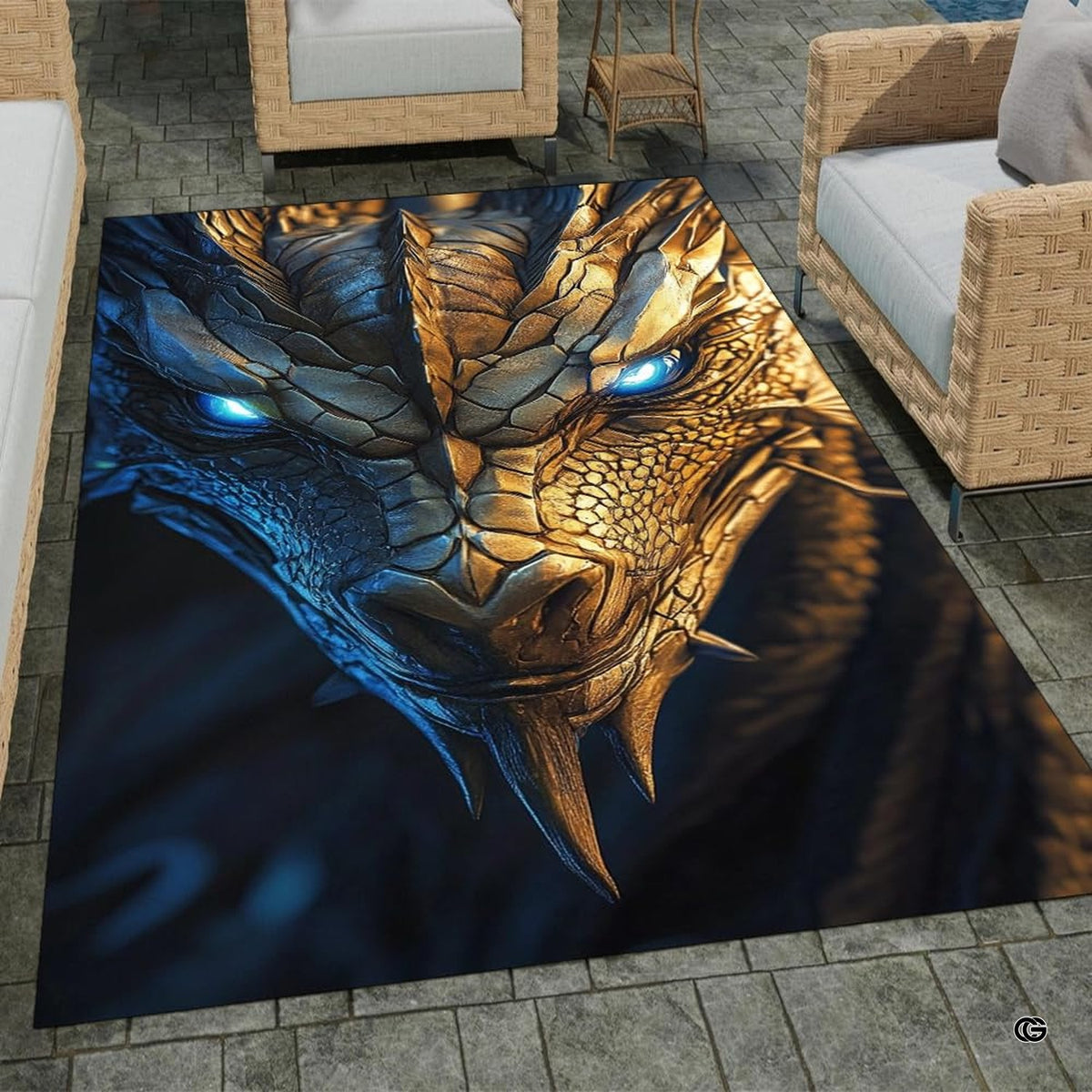 Angled perspective showing split-tone brass and deep blue dragon illustration across the area rug. - image 7 of 7