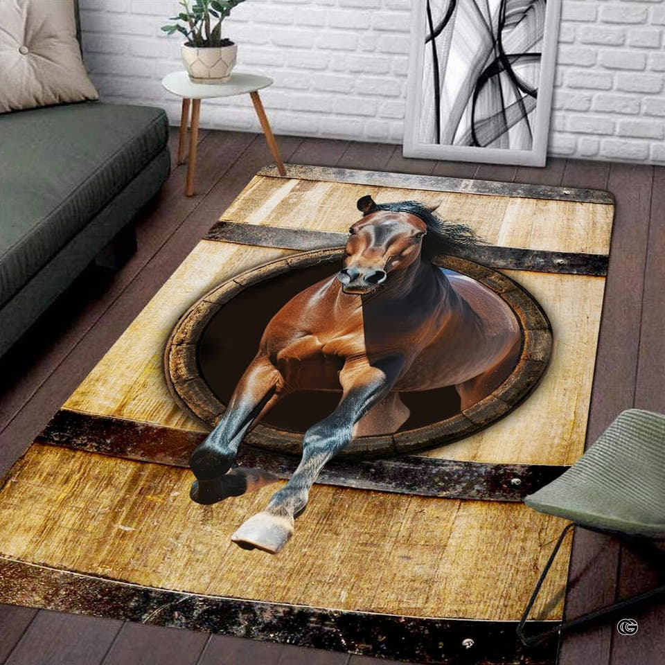 3D leaping horse rustic barrel living room area rug with stallion bursting from wooden barn barrel