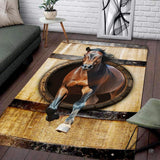 3D leaping horse rustic barrel living room area rug with stallion bursting from wooden barn barrel