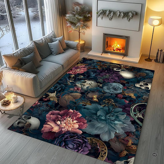 Living room fireplace scene displaying the painterly dark floral skull area rug with teal and plum blossoms