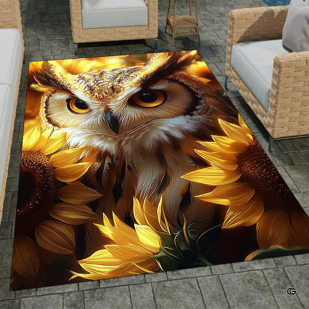 Horned owl portrait framed by blooming yellow sunflowers on an amber area rug. - image 1 of 8
