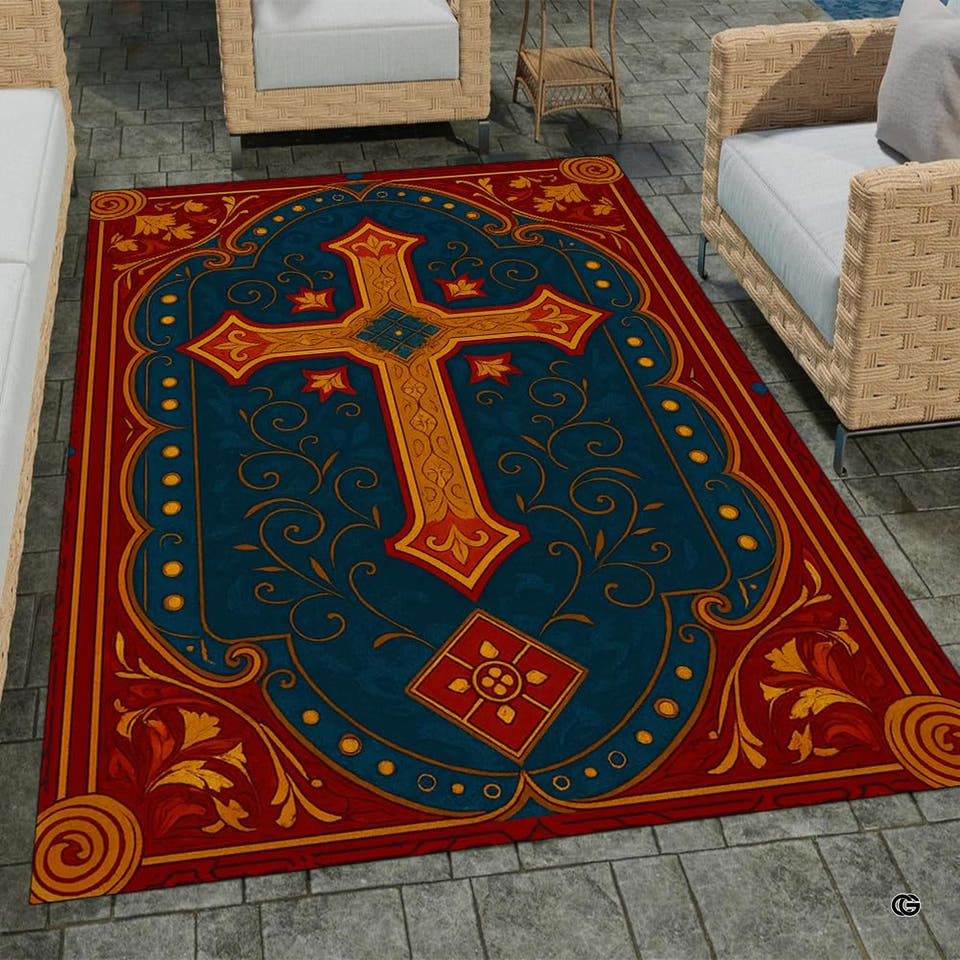 Custom Christian Rug with Name – Inspirational Faith Floral Area Carpet, Non-Skid Floor Mat for Bedroom, Living Room, Church Decor, Housewarming (Corss Faith 06)