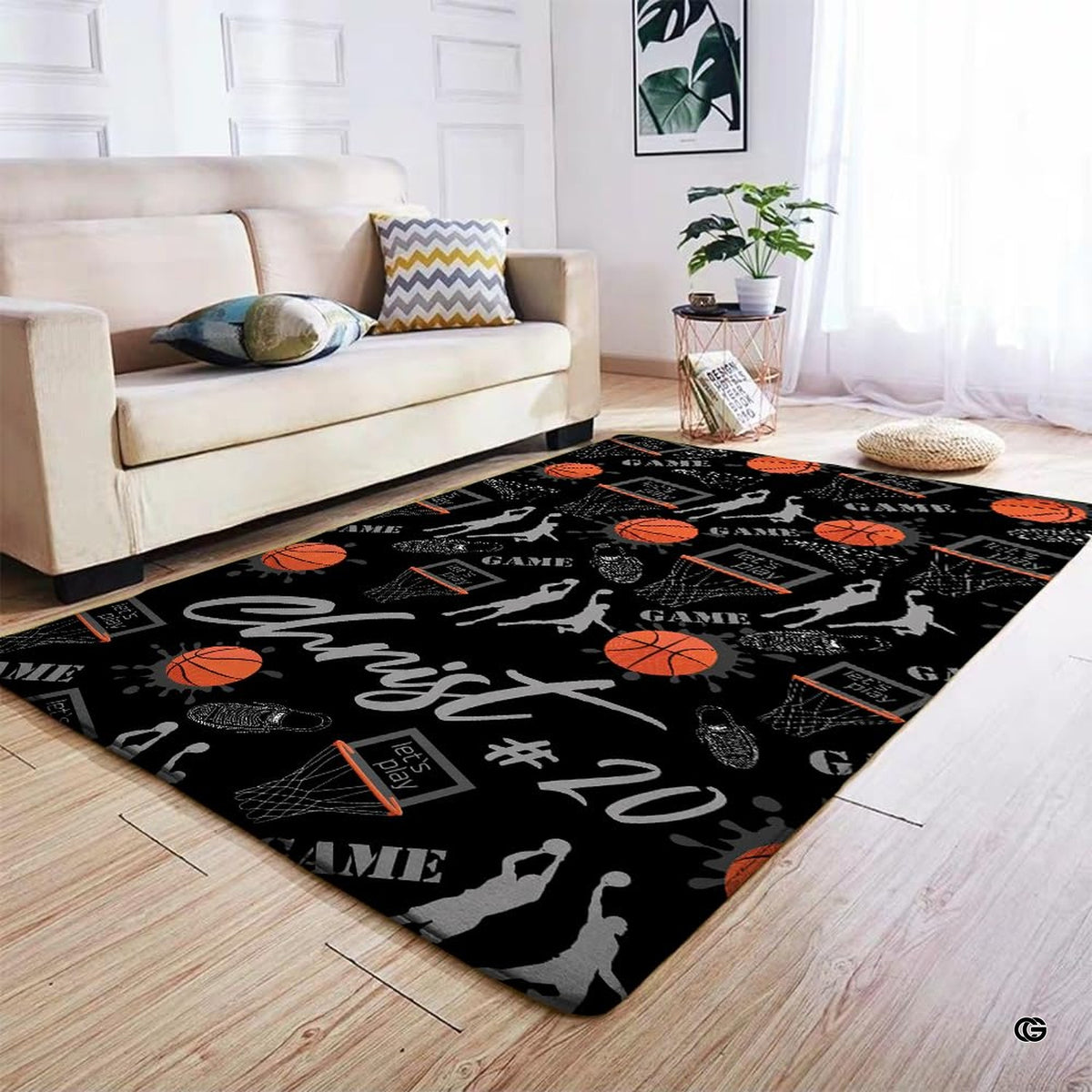 Basketball player on floor meme inspired sports area rug styled in a modern fan cave with athletic room decor. - image 4 of 7
