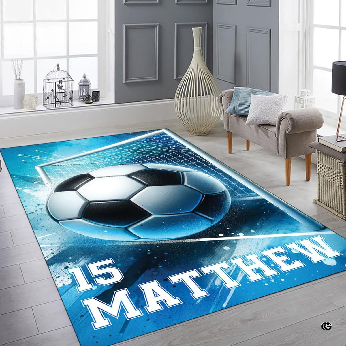 Athletic room accent rug with bold soccer ball graphic styled in a modern recreation space.