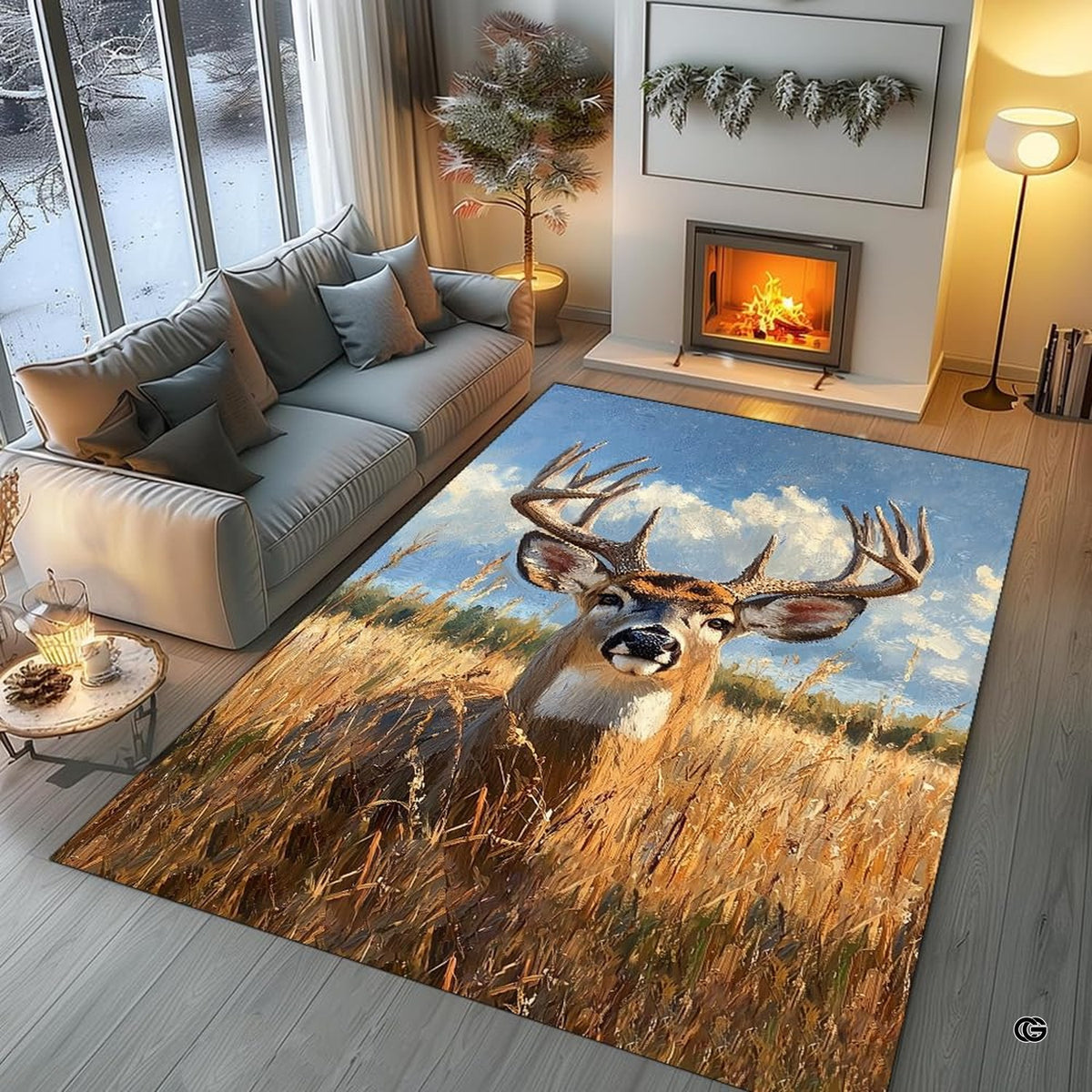 Oil painting trophy buck area rug styled in modern patio seating area