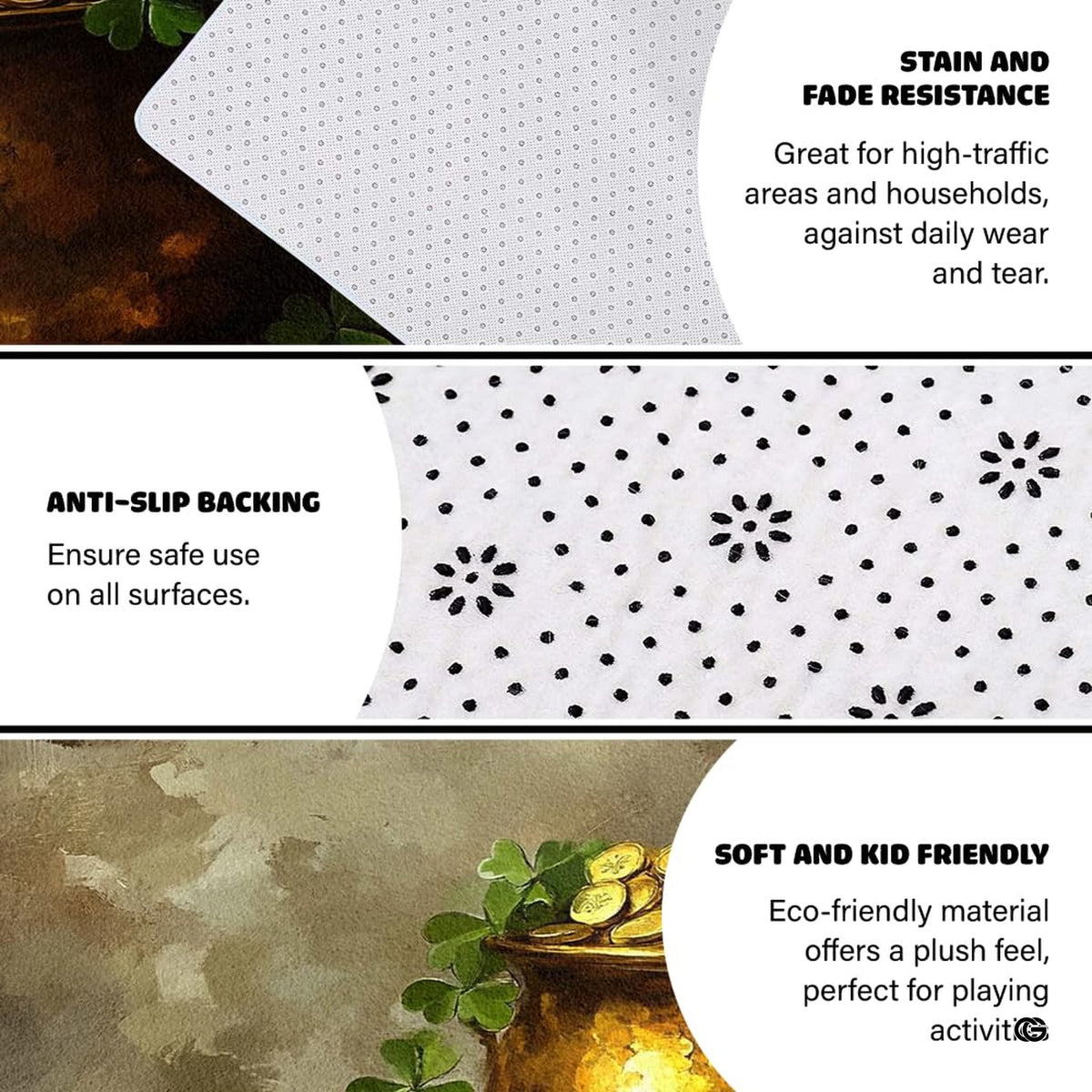 Non-slip rubber backing and bound edge stitching on shamrock pot of gold floor rug - image 4 of 9