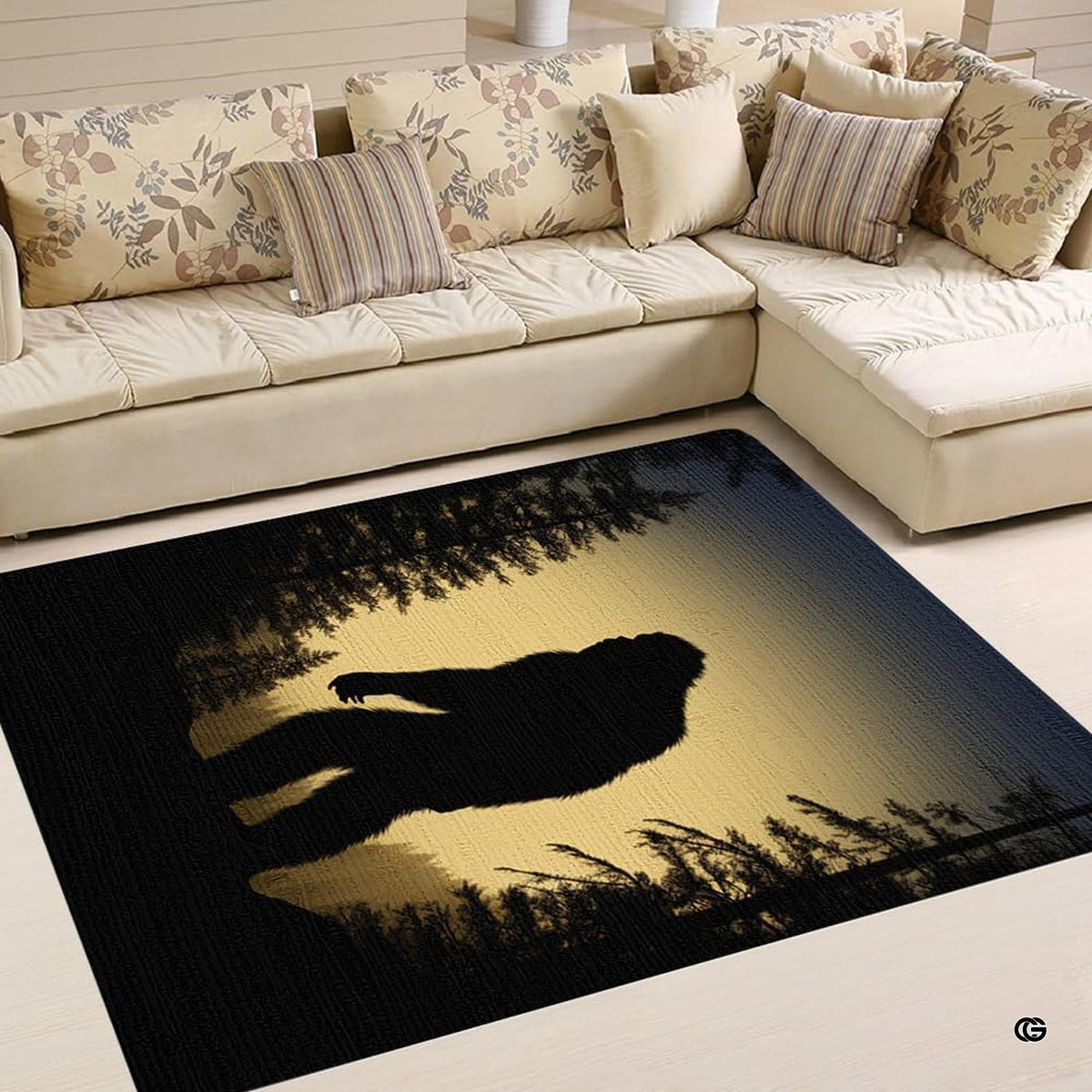Detailed view of Sasquatch and dark fir tree forest silhouette graphic on rustic area rug.