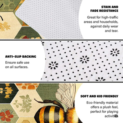 Infographic showing the non-skid dot backing and edge stitching of the botanical rug - thumbnail image 4 of 8