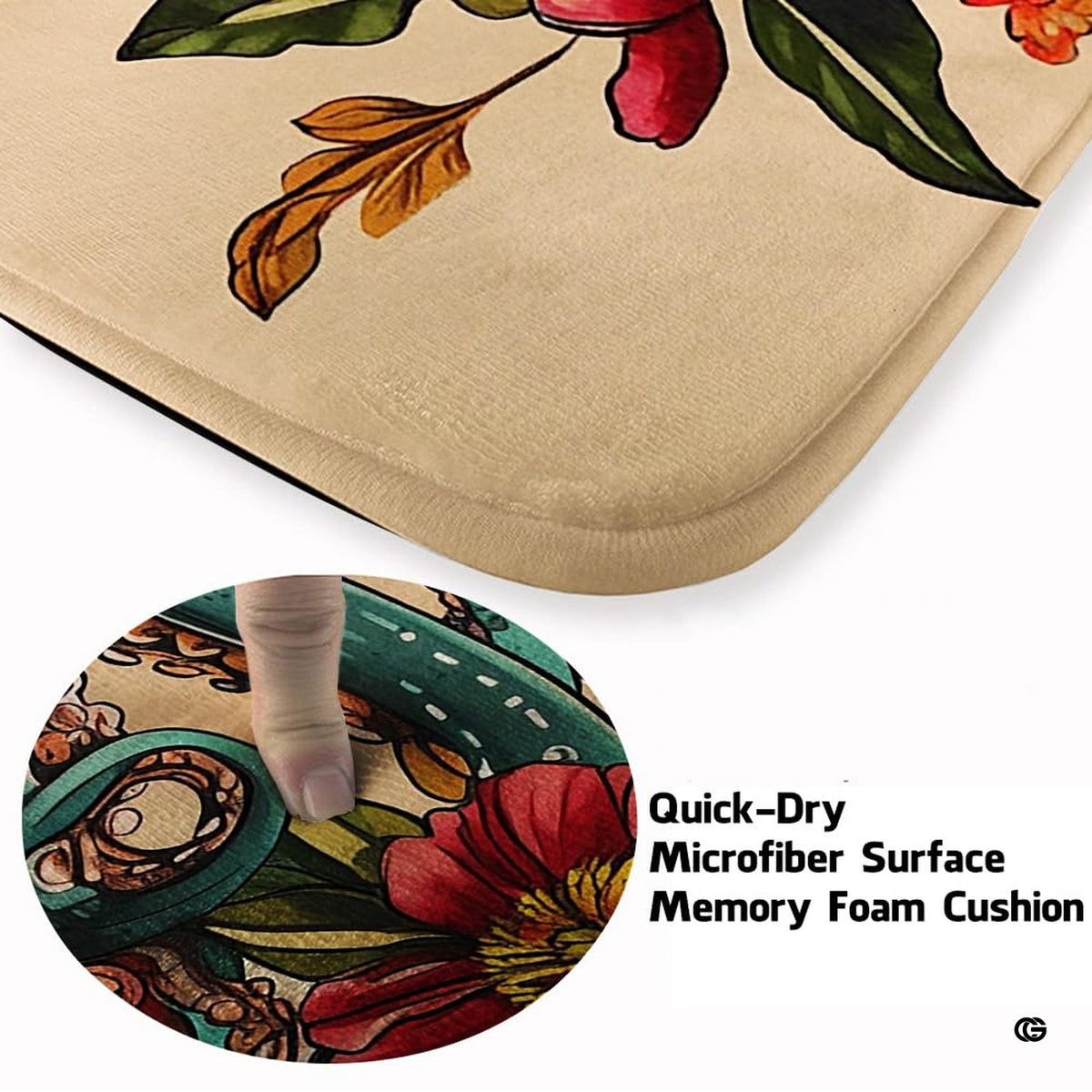 Octopus floral area rug displayed beside living room couch and side table.